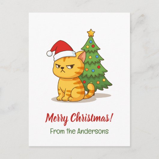 Cranky Tabby Cat Red Hat Christmas Tree Briefkaart (Voorkant)