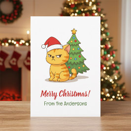 Cranky Tabby Cat Red Hat Christmas Tree Feestdagenkaart