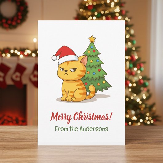 Cranky Tabby Cat Red Hat Christmas Tree Feestdagenkaart