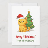 Cranky Tabby Cat Red Hat Christmas Tree Feestdagenkaart (Voorkant)