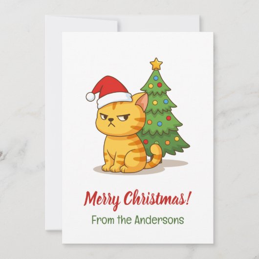 Cranky Tabby Cat Red Hat Christmas Tree Feestdagenkaart (Voorkant)