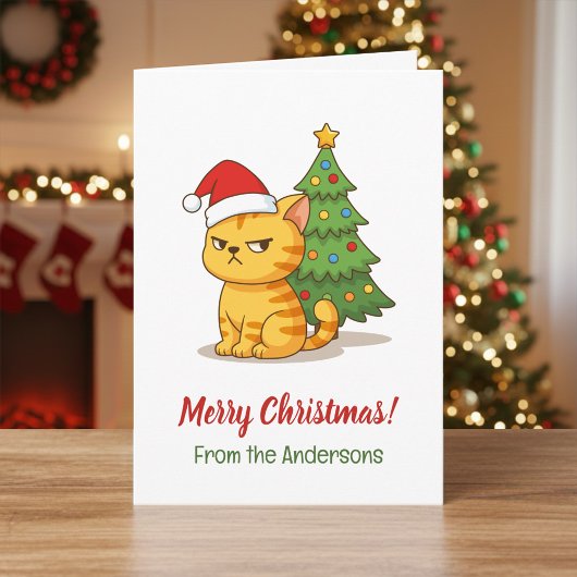 Cranky Tabby Cat Red Hat Christmas Tree Kaart