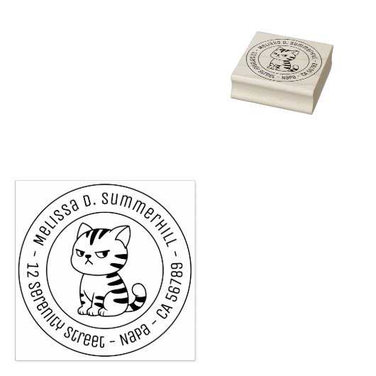 Cranky Tabby Cat Round Address Rubberstempel (Gestempeld)