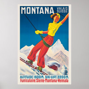 Crans-Montana Valais Zwitserland Vintage Ski Poster