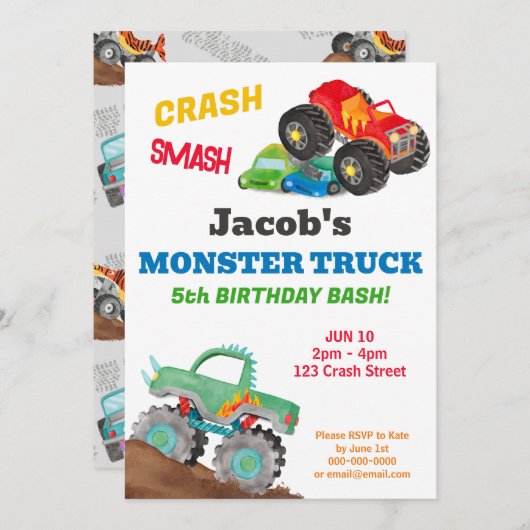 Crash Smash Monster Truck Verjaardag Bash Waterver Kaart (Voorkant / Achterkant)