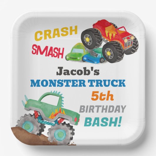 Crash Smash Monster Truck Verjaardag Bash Waterver Papieren Bordje (Voorkant)