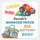Crash Smash Monster Truck Verjaardag Bash Waterver Vierkante Sticker (Voorkant)
