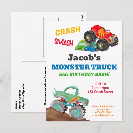 Crash Smash Monster Truck Verjaardagsfeest Waterco Briefkaart (Voorkant / Achterkant)