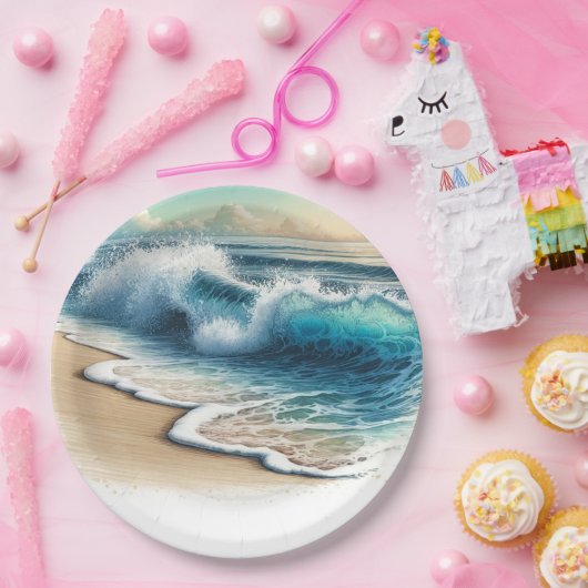 Crashende oceaan golven rustieke kust strand bruil papieren bordje (Feest)