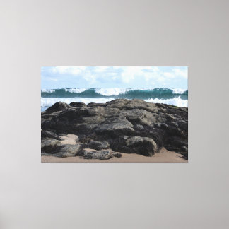Crashing Ocean Waves Behind Rugged Coastal Rocks Canvas Afdruk