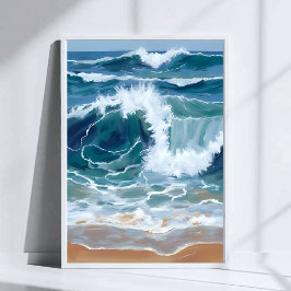 Crashing Ocean Waves | Coastal Blue Watercolor Poster