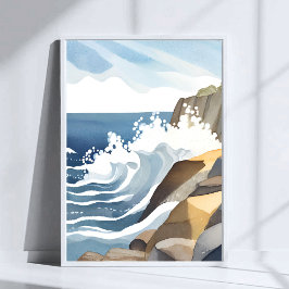 Crashing Waves | Rocky Coastal Shore Watercolor Poster