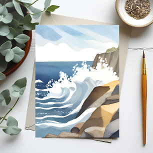 Crashing Waves   Rocky Coastal Shore Waterverf Briefkaart