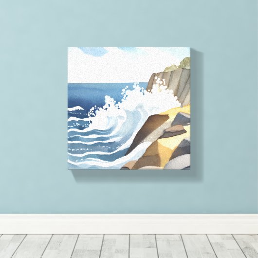 Crashing Waves | Rocky Coastal Shore Waterverf Canvas Afdruk (Insitu (Houten vloer))