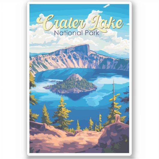 Crater Lake National Park Illustratie Reizen Kunst Sticker (Voorkant)