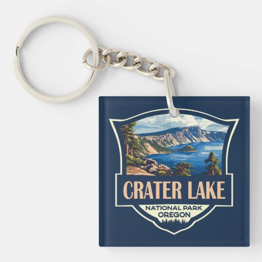 Crater Lake National Park Illustratie Retro Badge Sleutelhanger (Voorkant)