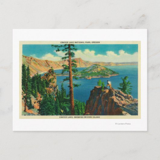 Crater Lake waar de Wizard Island op afstand wordt Briefkaart (Voorkant)
