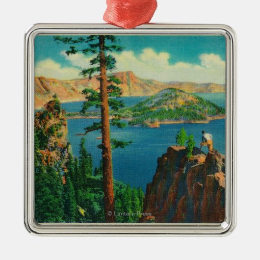 Crater Lake waar de Wizard Island op afstand wordt Metalen Ornament (Voorkant)