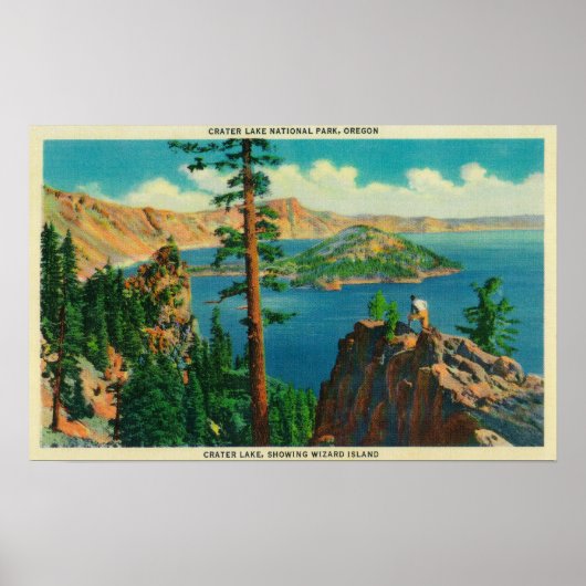Crater Lake waar de Wizard Island op afstand wordt Poster (Voorkant)