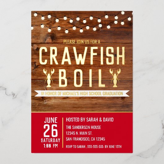 Crawfish Boil Afstuderen Seafood Party Folie Uitnodiging (Voorkant)