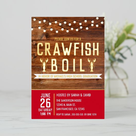 Crawfish Boil Afstuderen Seafood Party Folie Uitnodiging (Staand Voorkant)
