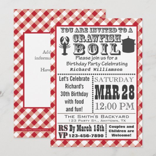 Crawfish Boil Birthday Party Invitation Kaart (Voorkant / Achterkant)