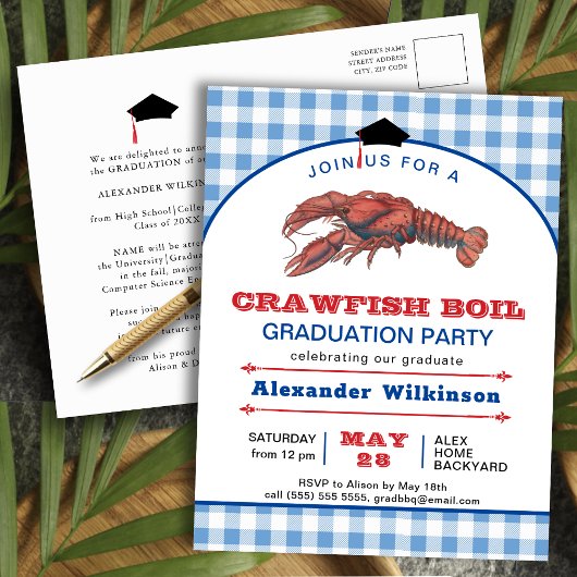 Crawfish Boil Blue Pset AFSTUDEERDER Party Invitat Briefkaart