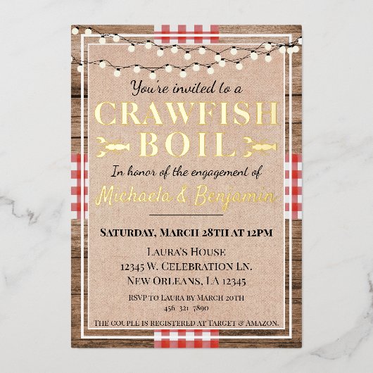 Crawfish Boil Lobster Engagement Party Rustic Folie Uitnodiging (Voorkant)
