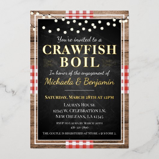 Crawfish Boil Lobster Rustic Engagement Party Folie Uitnodiging (Voorkant)