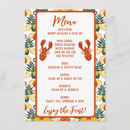 Crawfish Boil Menu Kaart – Cajun Vis en zeevruchte (Voorkant)