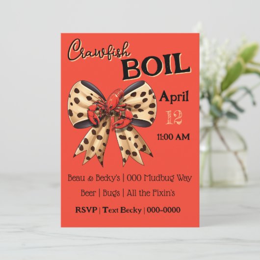 Crawfish Boil met Leopard Bow en Schattigee Mudbug Feestdagenkaart (Staand voorkant)