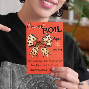Crawfish Boil met Leopard Bow en Schattigee Mudbug Feestdagenkaart
