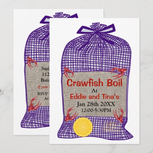 Crawfish Boil Paarse Sack Invitation Kaart (Voorkant / Achterkant)