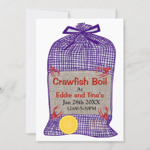 Crawfish Boil Paarse Sack Invitation Kaart