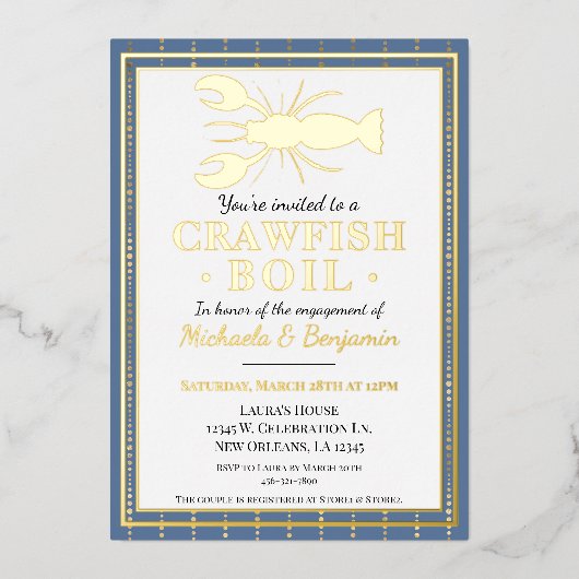 Crawfish Boil Seafood Blue Engagement Party Folie Uitnodiging (Voorkant)