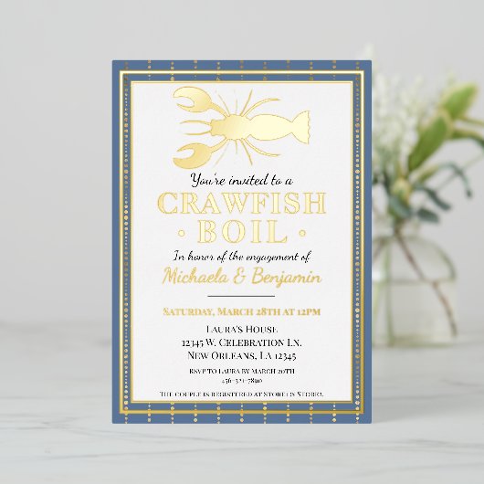 Crawfish Boil Seafood Blue Engagement Party Folie Uitnodiging (Staand Voorkant)