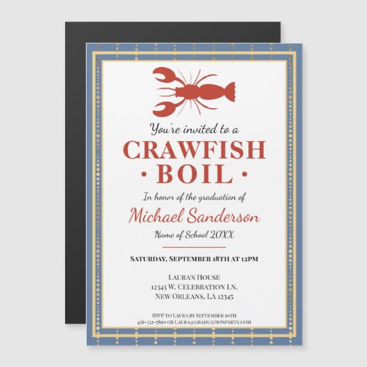 Crawfish Boil Seafood Blue Graduation Party Magnetische Uitnodiging (Voorkant / Achterkant)