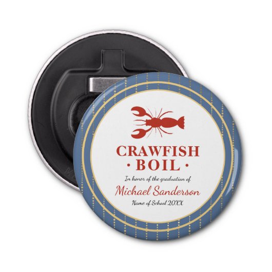 Crawfish Boil Seafood Blue Graduor Party Favor Button Flesopener (Voorkant)