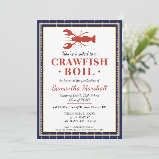 Crawfish Boil Seafood Blue School Graduparty Kaart (Staand voorkant)