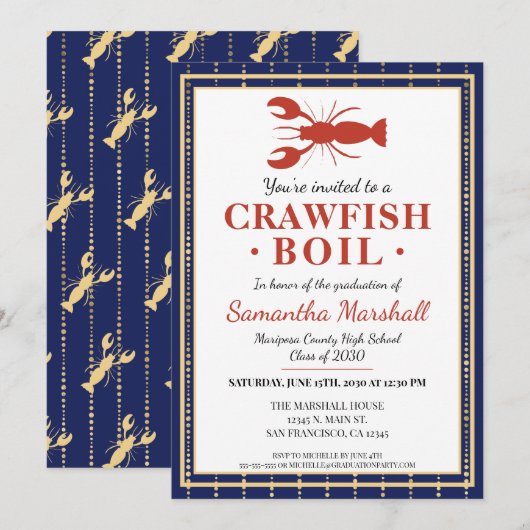 Crawfish Boil Seafood Blue School Graduparty Kaart (Voorkant / Achterkant)