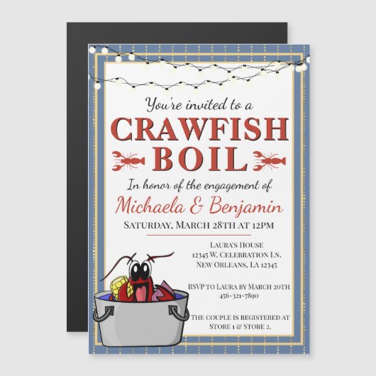 Crawfish Boil Special Event Verloving Blue Gold Magnetische Uitnodiging (Voorkant / Achterkant)