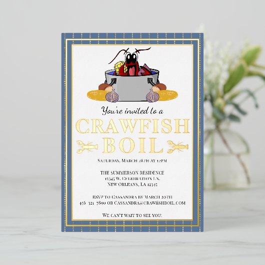 Crawfish Boil Summer Seafood Barbecue Party Folie Uitnodiging (Staand Voorkant)