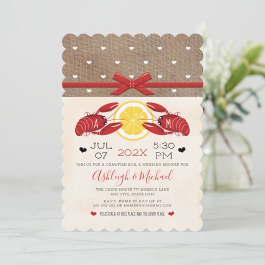 Crawfish Boil Wedding Shower Couples Monogram Invi Kaart (Staand voorkant)