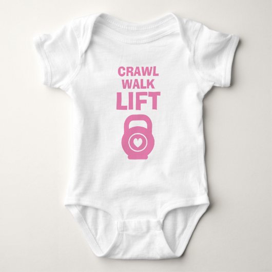 CRAWL WALK LIFT malle pink kettlebell baby romper (Voorkant)