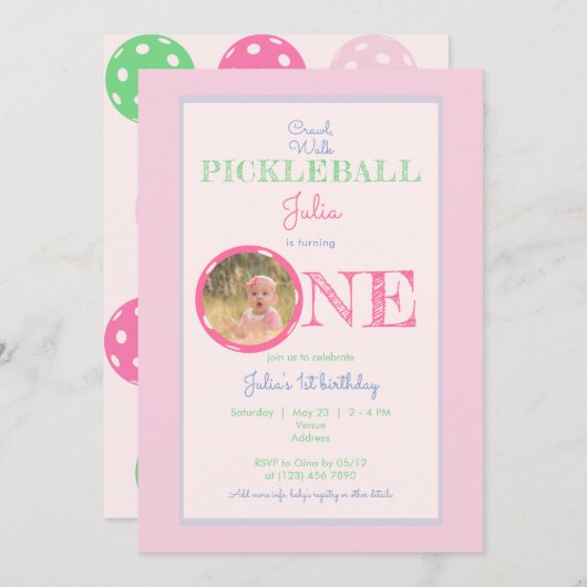 Crawl Walk Pickleball Theme Pink Mint 1e verjaarda Kaart (Voorkant / Achterkant)