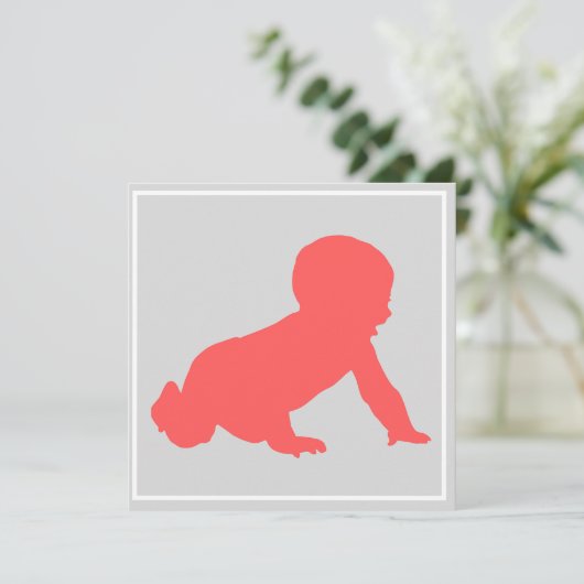 Crawling baby Baby shower roze & grijs Feestdagenkaart (Staand voorkant)