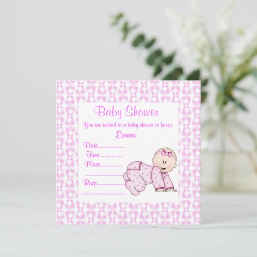 CRAWLING BABY INVITATION PINK KAART (Staand voorkant)
