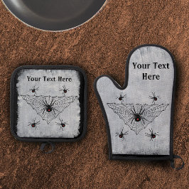 Crawling poisonous Black Widow Spiders Web White Ovenwant & Pannenlap Set