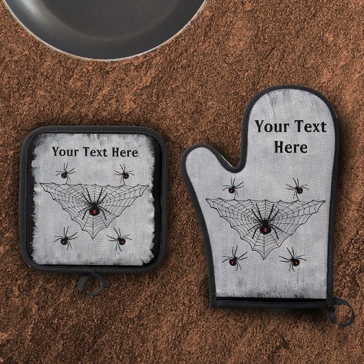 Crawling poisonous Black Widow Spiders Web White Ovenwant & Pannenlap Set