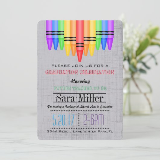 Crayola Rainbow Teacher Afstuderen Uitnodiging (Staand voorkant)